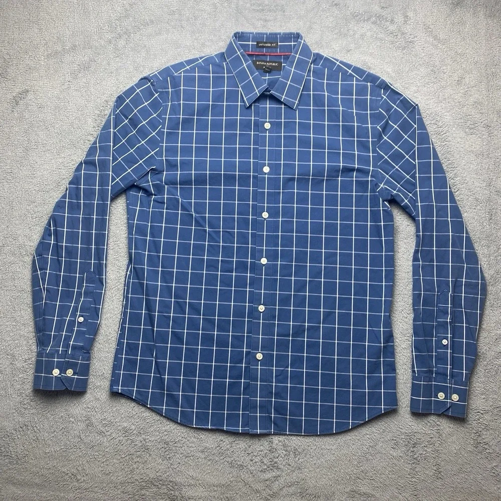 Banana Republic Mens Long Sleeve Button Down Blue Checker Medium 15/15.5, 33/34